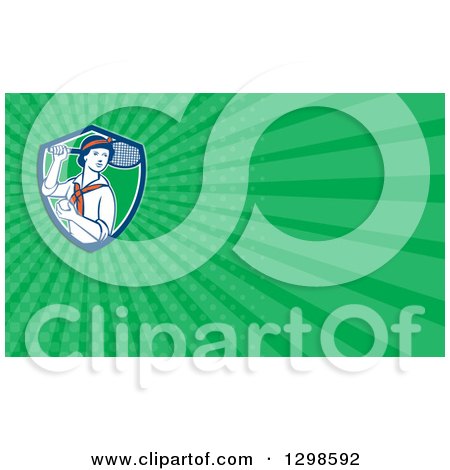 Clipart of a Retro Female Tennis Player Holding a Racket and Ball and Green Rays Background or Business Card Design - Royalty Free Illustration by patrimonio