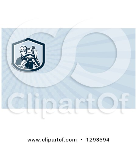 Clipart of a Retro Male Surveyor and Blue Rays Background or Business Card Design - Royalty Free Illustration by patrimonio