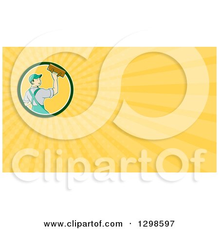 Clipart of a Cartoon White Male Plasterer and Yellow Rays Background or Business Card Design - Royalty Free Illustration by patrimonio