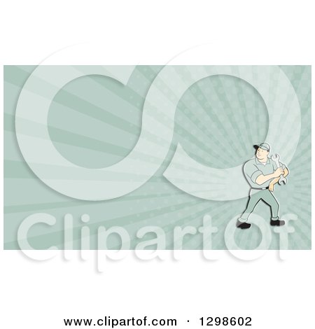 Clipart of a Retro Cartoon Male Mechanic Holding a Wrench and Pastel Green Rays Background or Business Card Design - Royalty Free Illustration by patrimonio