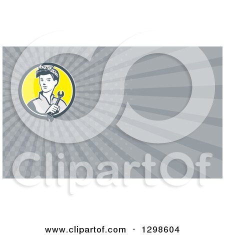 Clipart of a Retro Female Mechanic Holding a Wrench and Gray Rays Background or Business Card Design - Royalty Free Illustration by patrimonio