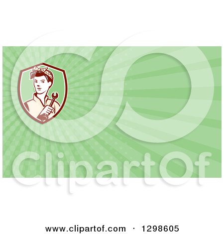 Clipart of a Retro Female Mechanic Holding a Wrench and Green Rays Background or Business Card Design - Royalty Free Illustration by patrimonio