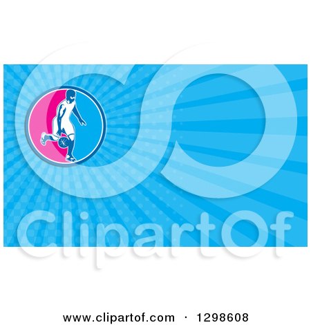 Clipart of a Basketball Player Dribbling and Blue Rays Background or Business Card Design - Royalty Free Illustration by patrimonio