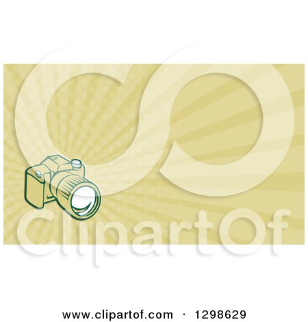 Clipart of a Retro Green Dslr Camera and Rays Background or Business Card Design - Royalty Free Illustration by patrimonio