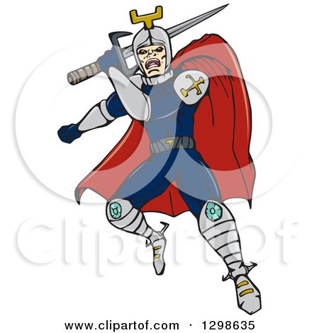 Clipart of a Cartoon Caped Knight Leaping with a Sword - Royalty Free Vector Illustration by patrimonio
