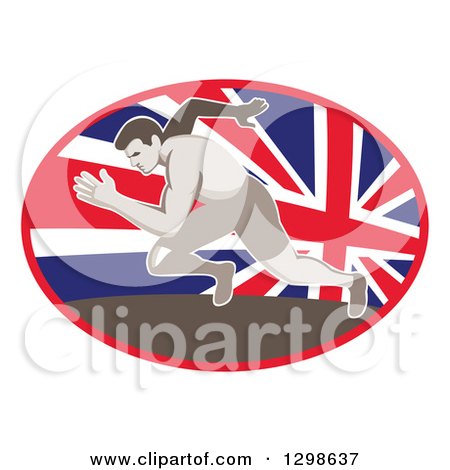 Clipart of a Retro Sprinting Track and Field Athlete in a Union Jack Flag Oval - Royalty Free Vector Illustration by patrimonio