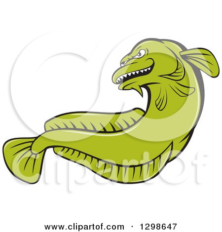Clipart of a Cartoon Green Angry Burbot Fish - Royalty Free Vector Illustration by patrimonio