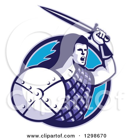 Clipart of a Retro Scottish Highlander with a Sword and Shield in a Blue Circle - Royalty Free Vector Illustration by patrimonio