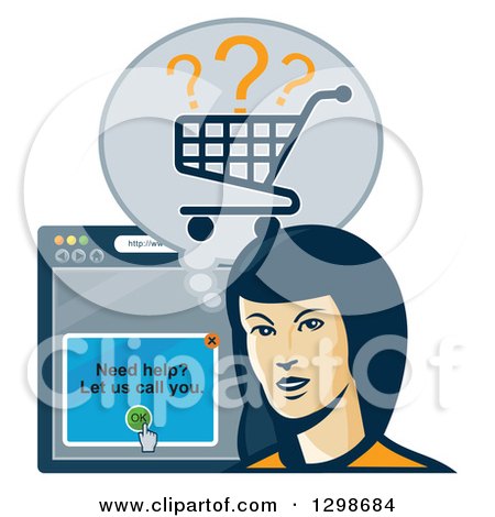 Clipart of a Retro Styled Female Shopper with a Cart and Internet Browser - Royalty Free Vector Illustration by patrimonio
