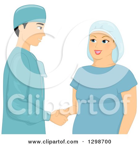 Clipart of a Chubby White Woman Shaking Hands with Her Plastic Surgeon Prior to Liposuction - Royalty Free Vector Illustration by BNP Design Studio