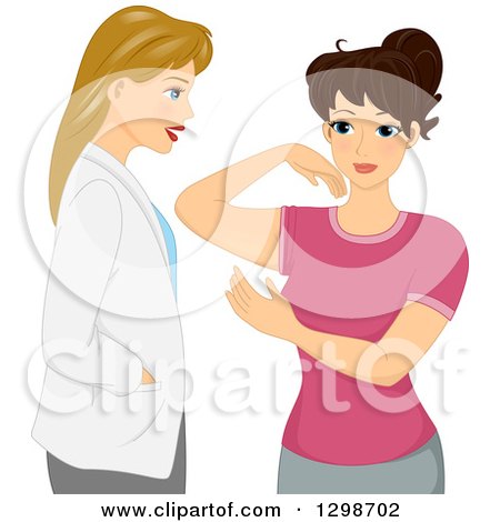 Clipart of a Dirty Blond White Female Plastic Surgeon Doctor Discussing Flabby Arms with Her Patient - Royalty Free Vector Illustration by BNP Design Studio