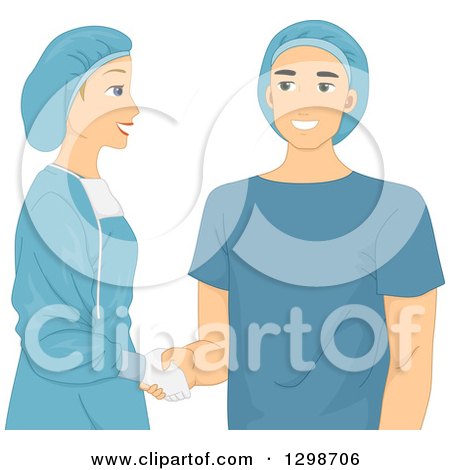 Clipart of a Female Doctor Shaking Hands with a Male Patient Before Surgery - Royalty Free Vector Illustration by BNP Design Studio