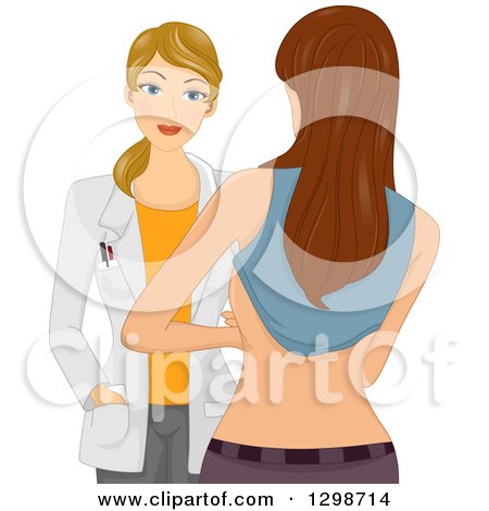 Clipart of a White Female Doctor Giving a Woman a Breast Exam Prior to Implants - Royalty Free Vector Illustration by BNP Design Studio