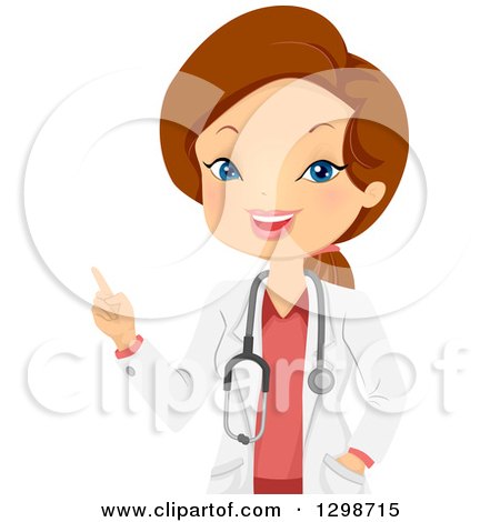 Clipart of a Brunette White Female Doctor or Veterinarian Talking and Pointing - Royalty Free Vector Illustration by BNP Design Studio