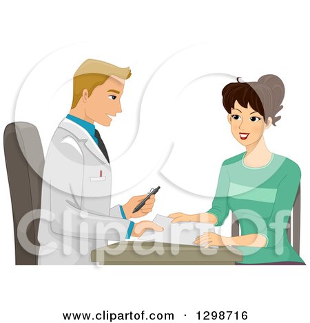 Clipart of a Blond White Male Doctor Handing a Pen and Paper to a Female Patient - Royalty Free Vector Illustration by BNP Design Studio