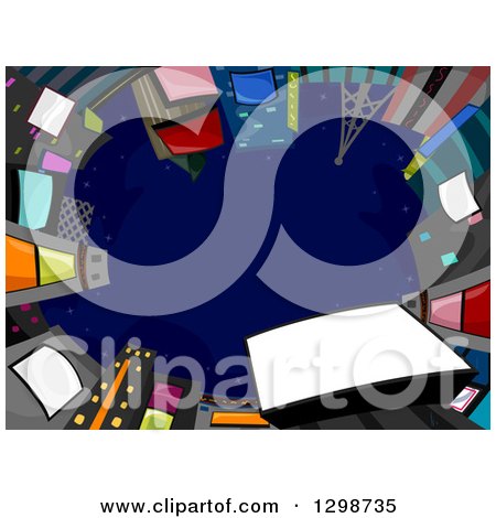 Clipart of a View Looking up of a Circle of Buildings with Jumbotrons Against a Night Sky - Royalty Free Vector Illustration by BNP Design Studio