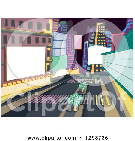 Clipart of a Colorful City Street with Buildings, Palm Trees and Jumbotrons - Royalty Free Vector Illustration by BNP Design Studio