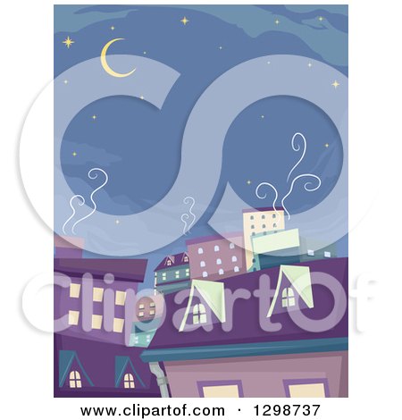 Clipart of a Crescent Moon and Stars over Purple Houses and Buildings - Royalty Free Vector Illustration by BNP Design Studio