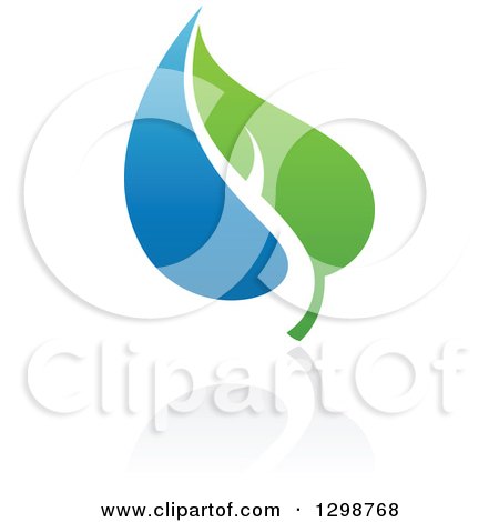 Clipart of a Blue Water Drop and Green Leaf Ecology Design with a Reflection 15 - Royalty Free Vector Illustration by elena