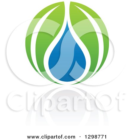 Clipart of a Blue Water Drop and Green Leaf Ecology Design with a Reflection 4 - Royalty Free Vector Illustration by elena