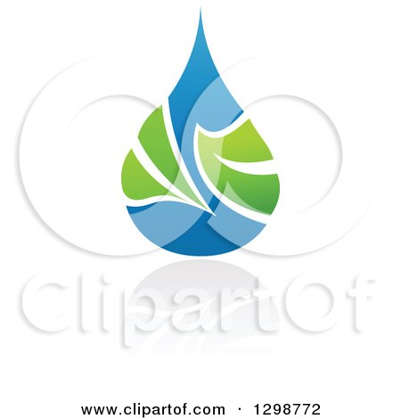 Clipart of a Blue Water Drop and Green Leaf Ecology Design with a Reflection 5 - Royalty Free Vector Illustration by elena