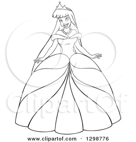 Clipart of a Lineart Black and White Beautiful Young Asian Princess in a Ball Gown Dress - Royalty Free Vector Illustration by Liron Peer