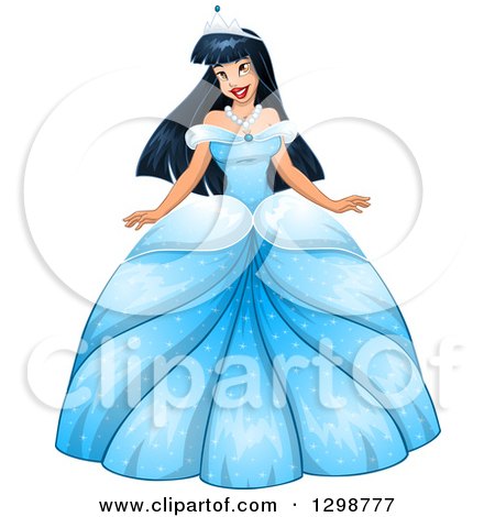 Clipart of a Beautiful Young Asian Princess in a Blue Ball Gown Dress - Royalty Free Vector Illustration by Liron Peer