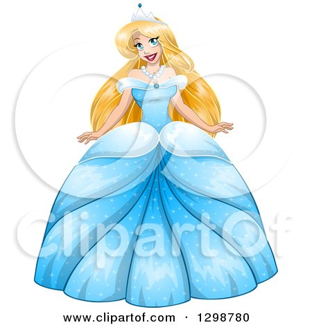 Clipart of a Blond White Princess in a Blue Ball Gown Dress - Royalty Free Vector Illustration by Liron Peer