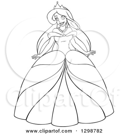 Clipart of a Lineart Black and White Caucasian Princess in a Ball Gown - Royalty Free Vector Illustration by Liron Peer