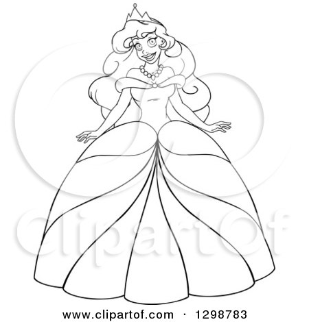 Clipart of a Lineart Black and White Beautiful African Princess in a Ball Gown - Royalty Free Vector Illustration by Liron Peer