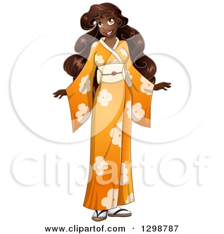 Clipart of a Beautiful Young African Woman Wearing an Orange Floral Kimono - Royalty Free Vector Illustration by Liron Peer