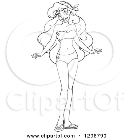 Clipart of a Lineart Black and White Beautiful Young African Woman Wearing a Bikini - Royalty Free Vector Illustration by Liron Peer