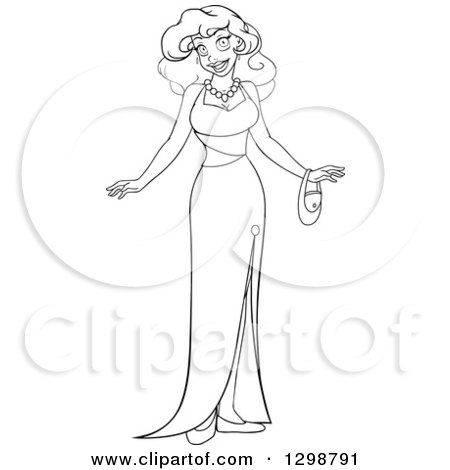 Clipart of a Lineart Black and White Beautiful Young African Woman Wearing an Evening Gown - Royalty Free Vector Illustration by Liron Peer