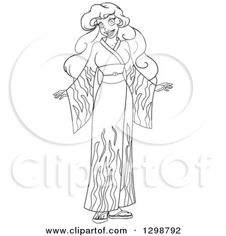 Clipart of a Black and White Lineart Beautiful Young African Woman Wearing a Flame Kimono - Royalty Free Vector Illustration by Liron Peer