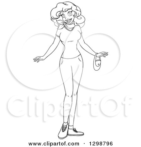 Clipart of a Black and White Lineart Beautiful Young African Woman Wearing a T Shirt and Skinny Pants - Royalty Free Vector Illustration by Liron Peer