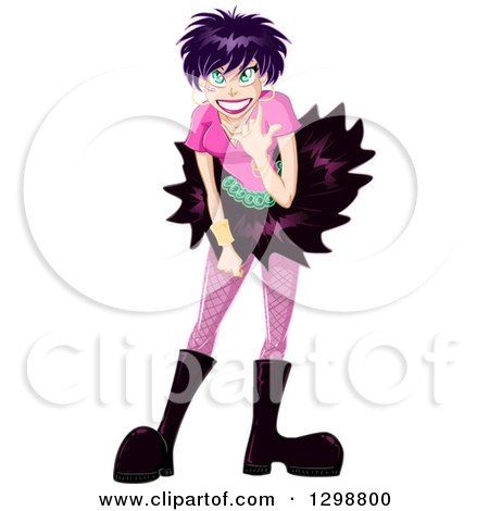 Clipart of a Happy Gothic White Woman with Purple Hair, Bending over and Doing the Rock on Sign - Royalty Free Vector Illustration by Liron Peer