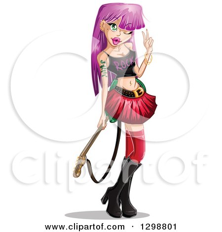 Clipart of a Happy Gothic White Woman with Pink Hair, Holding a Guitar and Gesturing the Rock on Sign - Royalty Free Vector Illustration by Liron Peer
