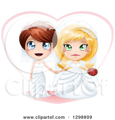 Clipart of a Caucasian Brides Lesbian Wedding Couple Holding Hands in Dresses in Front of a Heart - Royalty Free Vector Illustration by Liron Peer