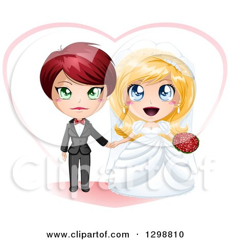 Clipart of a Caucasian Brides Lesbian Wedding Couple Holding Hands in Front of a Heart - Royalty Free Vector Illustration by Liron Peer