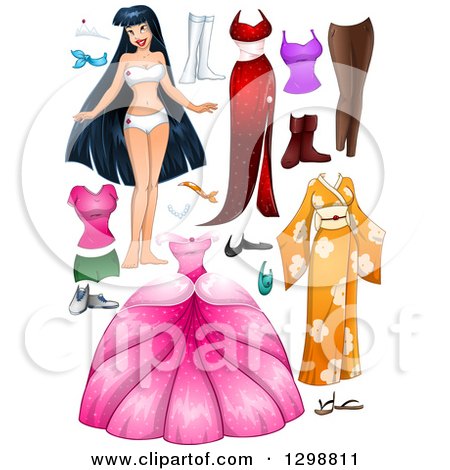Clipart of a Beautiful Young Asian Woman in Her Underwear, with Apparel Items - Royalty Free Vector Illustration by Liron Peer