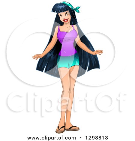 Clipart of a Beautiful Young Asian Woman Wearing a Tank Top and Shorts - Royalty Free Vector Illustration by Liron Peer