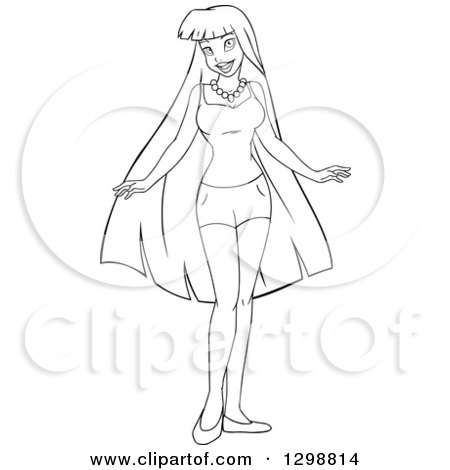 Clipart of a Lineart Black and White Beautiful Young Asian Woman Wearing a Tank Top and Shorts - Royalty Free Vector Illustration by Liron Peer