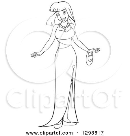 Clipart of a Black and White Lineart Beautiful Young Asian Woman in an Evening Gown - Royalty Free Vector Illustration by Liron Peer