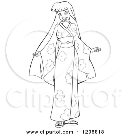 Clipart of a Lineart Black and White Beautiful Young Asian Woman Wearing a Floral Kimono - Royalty Free Vector Illustration by Liron Peer