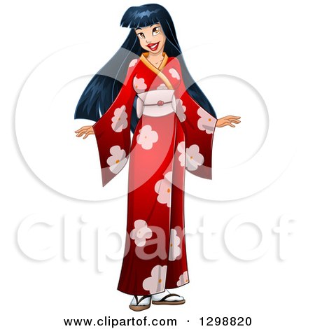 Clipart of a Beautiful Young Asian Woman Wearing a Red Floral Kimono - Royalty Free Vector Illustration by Liron Peer