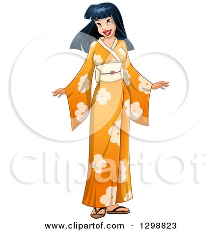 Clipart of a Beautiful Young Asian Woman Wearing an Orange Floral Kimono - Royalty Free Vector Illustration by Liron Peer