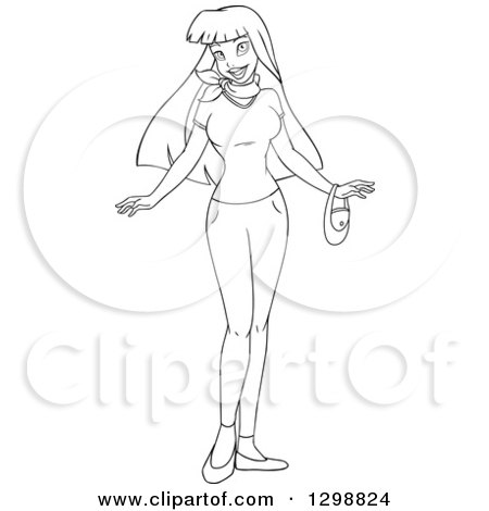 Clipart of a Lineart Black and White Beautiful Young Asian Woman Wearing a T Shirt and Pants - Royalty Free Vector Illustration by Liron Peer