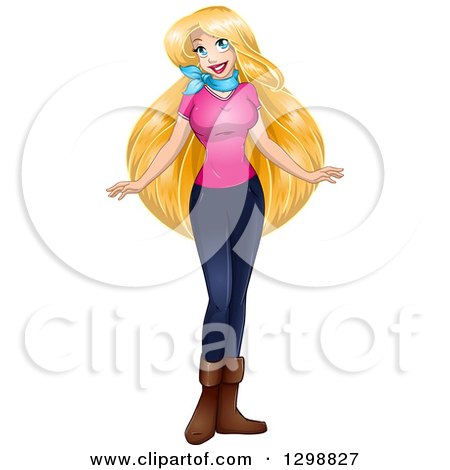 Clipart of a Blond White Woman Wearing a Pink T Shirt and Jeans - Royalty Free Vector Illustration by Liron Peer