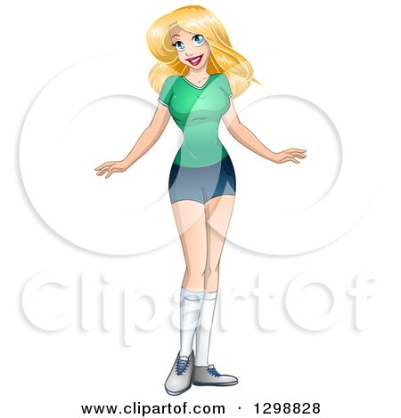 Clipart of a Blond White Woman Wearing a T Shirt and Shorts with Long Socks - Royalty Free Vector Illustration by Liron Peer