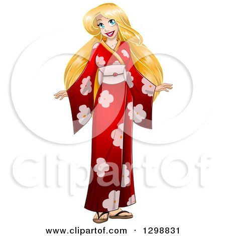 Clipart of a Blond White Woman Wearing a Red Floral Kimono - Royalty Free Vector Illustration by Liron Peer